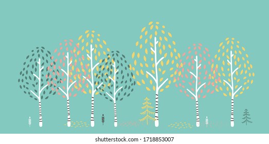 A row of birch trees.Autumn landscape.Vector illustration.