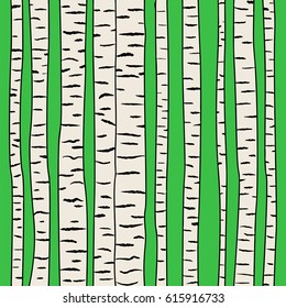 Row of birch trunks on green background. Seamless pattern. Vector illustration.