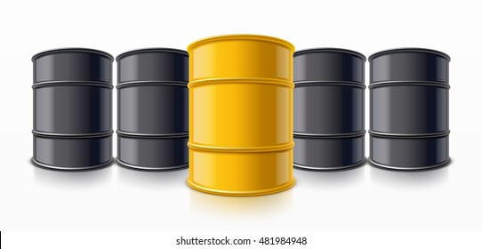 Row of black barrels, yellow barrel in front