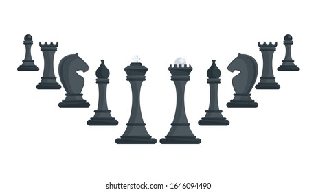Row of black chess pieces ascending. King, queen and rook, bishops, knights and pawn. Board logic game. Tournament between two rivals. Flat cartoon objects isolated on white background.