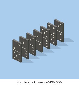 Row of black dominoes on blue background. Concept of Domino effect. Vector illustration in flat isometric stile