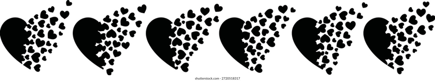 Una fila de corazones negros con manchas sobre un fondo blanco, que varían en el patrón de manchas