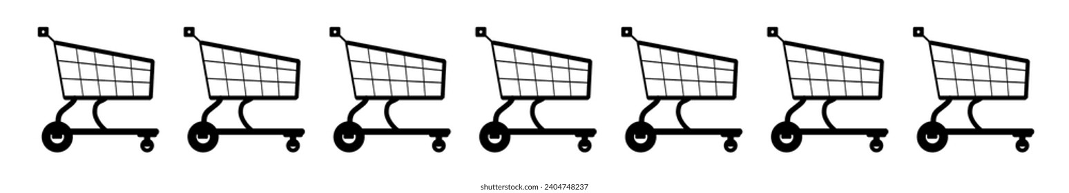A row of black isolated shopping trolleys as a page banner over a white background