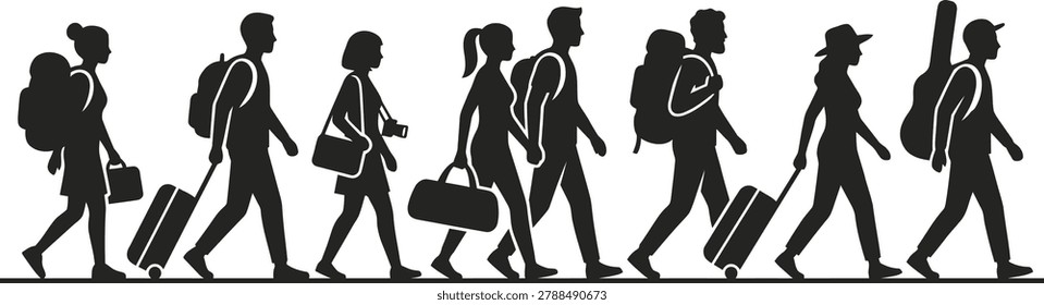 A row of black silhouettes depicting men and women walking in a line carrying various types of luggage including suitcases backpacks and bags