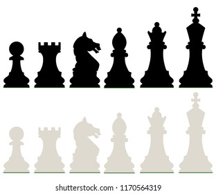 Row of Black and White Chess Pieces Isolated on White Background. Vector Illustration.