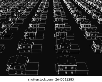 A row of black and white houses stands neatly on a dark background, each featuring distinct windows, doors, and sloped roofs. The clean illustration highlights architectural details with sharp.