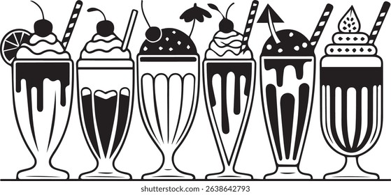 Row of Black and White Milkshakes with Toppings and Straws