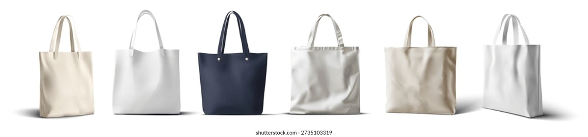 Fila de bolsas de asas en blanco en colores y materiales surtidos, vista frontal aislada en blanco con sombras suaves; Maqueta de bolsa de compras reutilizable para la marca y venta al por menor.