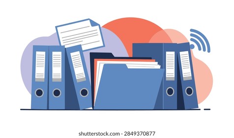 Row of blue office ring binders and a folder overflowing with documents, with a wifi signal icon in the background.