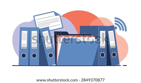 Row of blue office ring binders and a folder overflowing with documents, with a wifi signal icon in the background.