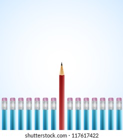 Row of Blue Pencils With One Selected Red on White Background