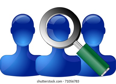 Row of blue persons with magnifying glass