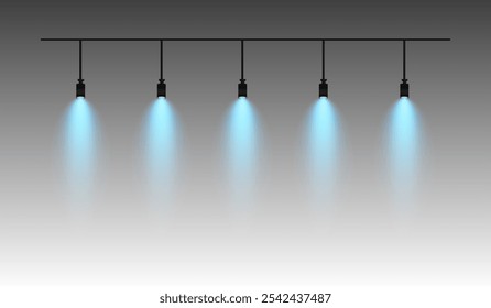 Fila de focos azules colgando de una pista. Resplandor suave que ilumina hacia abajo, creando un efecto de iluminación moderno. Ideal para iluminación de escenarios, exposiciones y diseños de interiores. Luz de escenario