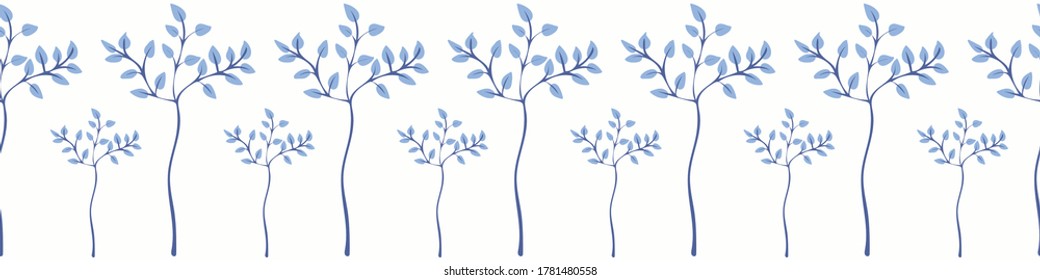 Borde vectorial horizontal de la fila de árboles azules. Diseño de la huella de la superficie con temática de la naturaleza decorativa para adornar tarjetas, invitaciones, afiches. Se puede enlosar a la perfección con tejidos, artículos de papelería y embalajes.