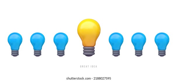 Row of blue and yellow light bulbs isolated on white background. 3d realistic vector illustration in minimal modern cartoon style. Creative glossy plastic concept design. Decorative  composition.