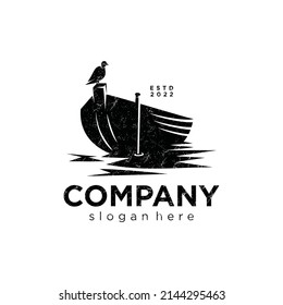 Row boat logo with paddle bird black silhouette. Wooden Boat logo vintage Vector Illustration on White Background. 