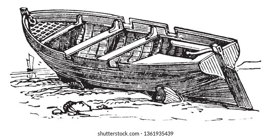 Row Boat which is a small row boat with row locks, vintage line drawing or engraving illustration.