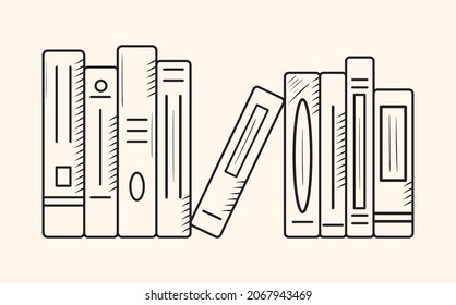 Row of books icon. Black outline vector illustration. Symbol of education and studying. Doodle knowledge element. School and college supply