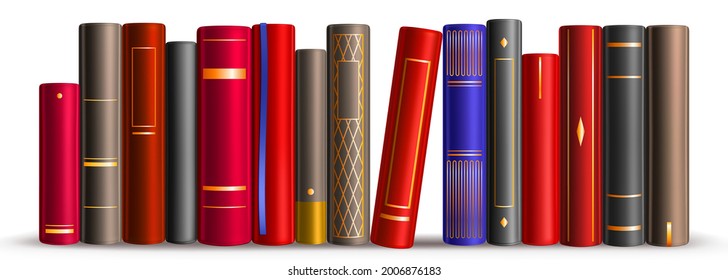 Row of books on shelf in library, store, school or home. Vector realistic illustration of literature stack in vintage cover with golden decor, bookshelf isolated on white background