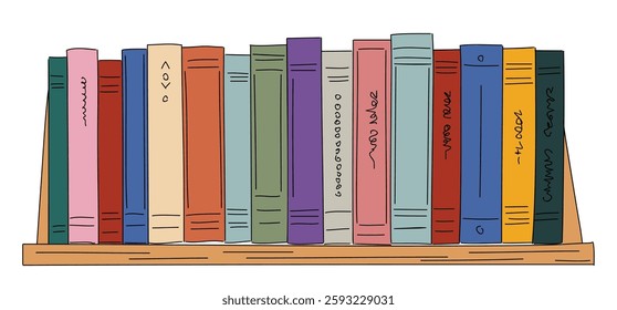 A row of books on a shelf with the titles of the books written in different colors. Flat vector hand drawn illustration isolated on white background