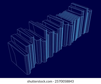 Row of books is shown in a blue color. The books are lined up in a row, and they are all different sizes. The image gives the impression of a library or a bookstore