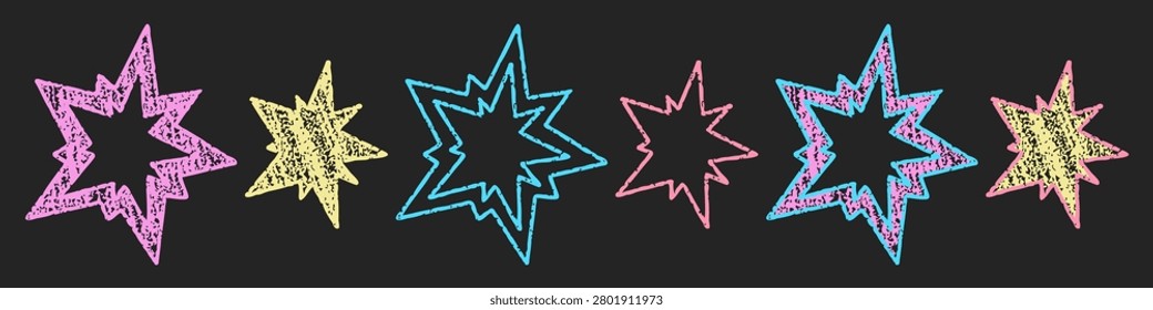 Row of bright pink yellow and cyan chalk stars with rough crayon texture and imperfect lines on black background. Playful childish naive style.