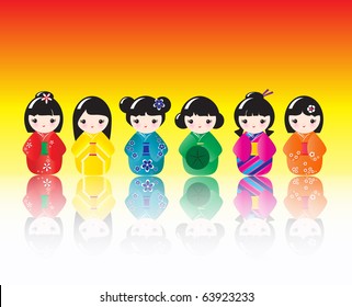 A row of brightly coloured Kokeshi dolls with reflections. EPS10 vector format