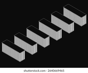 A row of buildings with a black background. The buildings are all the same height and are lined up next to each other