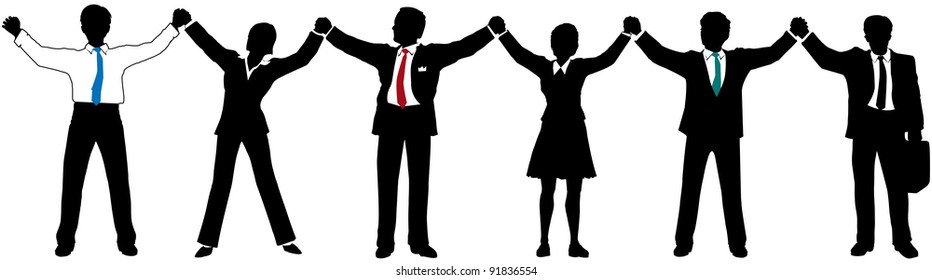Row of Business people line up and join raised hands together