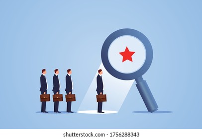 A row of businessmen standing under a magnifying glass to rate