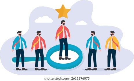 A row of businessmen standing under a magnifying glass to rate

