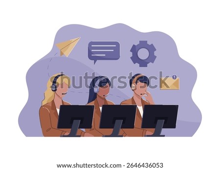 A row of call center operators wearing headsets and managing customer calls together. Customer service vector illustration