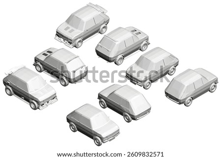 A row of cars are shown in a grid, with the first car being a small hatchback and the last car being a large sedan. Isometric view