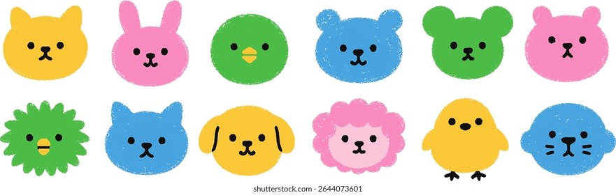 A row of cartoon animal faces with one of them being a cat. Crayon texture. Cute kits of logos.