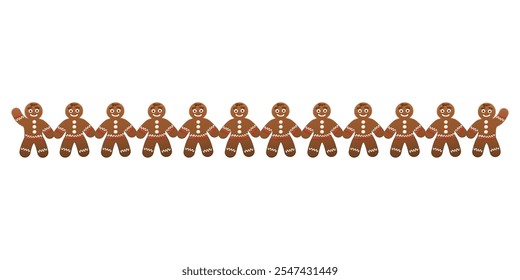 Row of cheerful gingerbread men holding hands. Lined up smiling gingerbread cookies, 12 figures decorated with icing. A symbol of friendship, teamwork, solidarity and a peaceful society. Illustration.