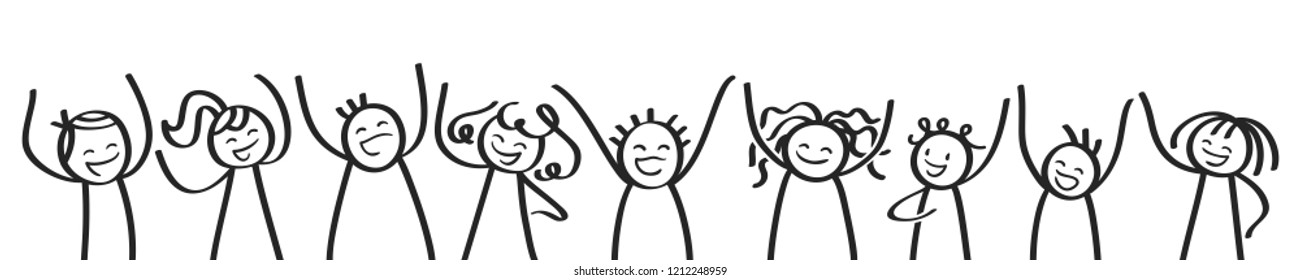 Row of cheering stick people, banner, happy kids, men and women, black and white stick figures isolated on white background