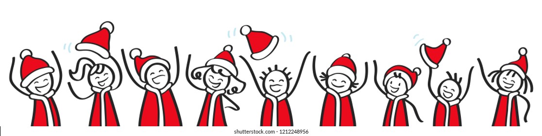 Row of cheering stick people wearing Santa Claus costumes, Christmas banner, happy kids, men and women, black and white stick figures isolated on white background
