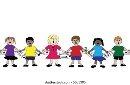 Row of children singing.  This is a repeating, seamless border pattern
