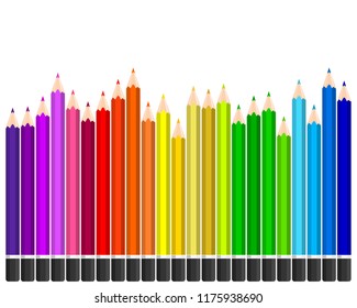 A row of childrens coloured led crayon pencils.
