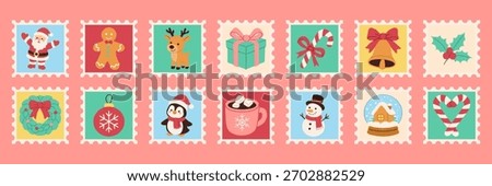 A row of Christmas stamps featuring various holiday themes such as snowmen, penguins, and reindeer