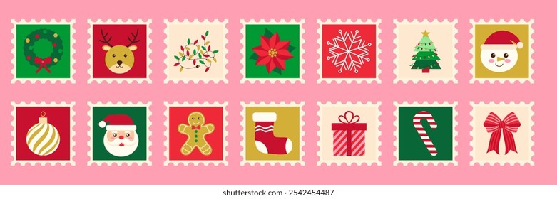 A row of Christmas stamps with various designs including a Santa Claus stamp. The stamps are arranged in a row and are all pink