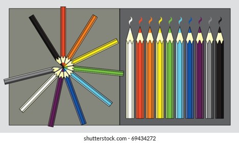Row and circle composition of color pencils