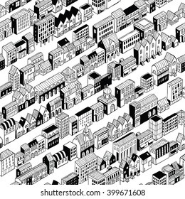 Row City Seamless Pattern is isometric doodle drawing, a string of different buildings stretched along the continuous line. Illustration is in eps8 vector mode, pattern is repetitive. 