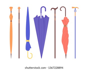 Row of closed umbrellas and walking sticks. Vector illustration isolated on white background.