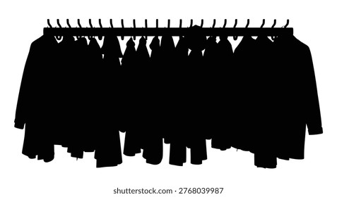 A row of coats hangs on a rack creating a stark black silhouette