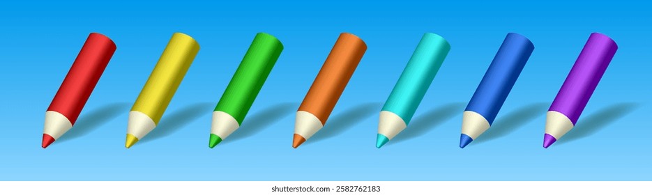 Row of color wooden pencils. 3D vector objects. Pencils in realistic style. Back to school backdrop