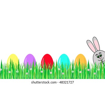 A row of colored Easter eggs on grass and Easter rabbit