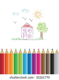 row of colored pencils isolated on white, with child's drawing