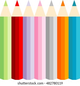 Row of colored pencils isolated on white background. Vector illustration