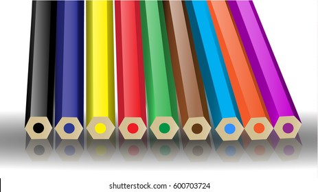 Row of Colored Pencils Isolated on White with Shadow & Reflection. 3D Vector illustration